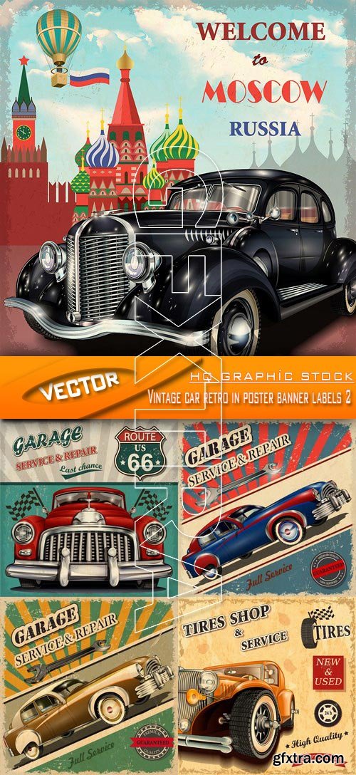 Stock Vector - Vintage car retro in poster banner labels 2