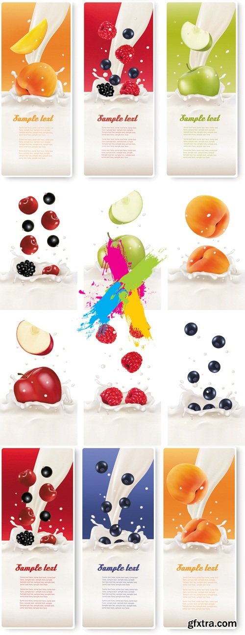 Fruits in Milk Splash Labels Vector