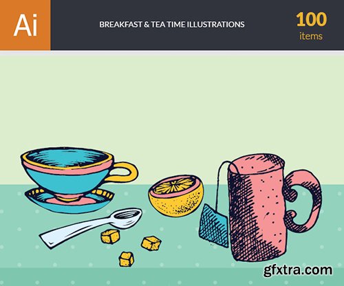 Breakfast & Tea Time Illustrations Pack 102xEPS