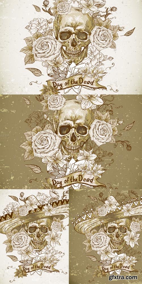 Vector Skull with Flowers Set