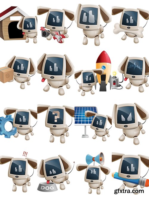 Cute Dog Robot Cartoon Character Set