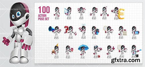 Female Robot Cartoon Character Set