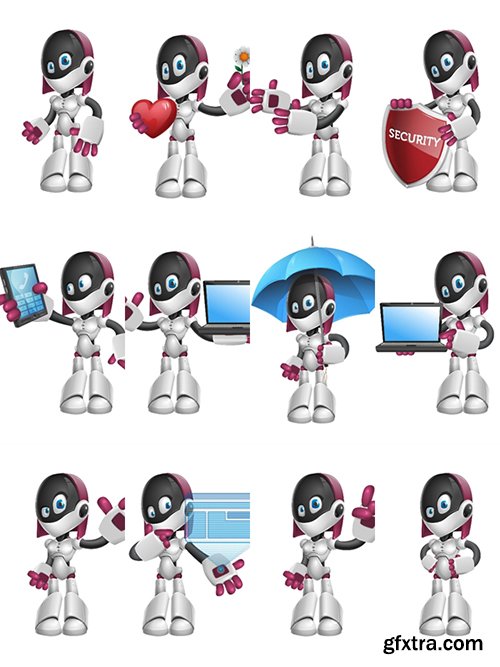 Female Robot Cartoon Character Set