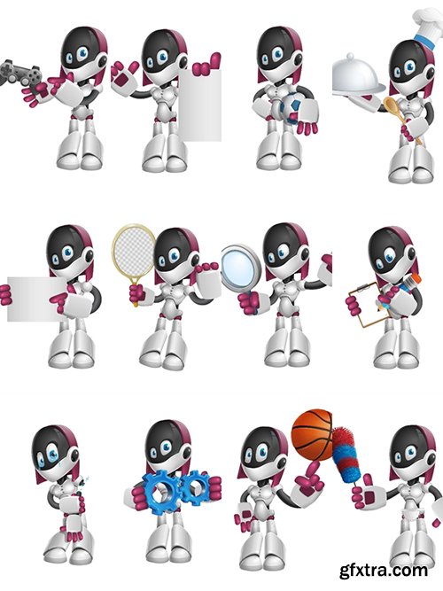 Female Robot Cartoon Character Set