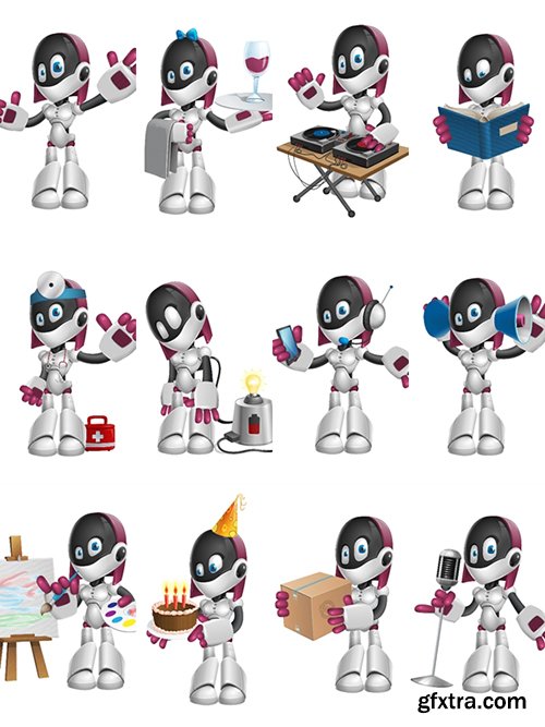 Female Robot Cartoon Character Set