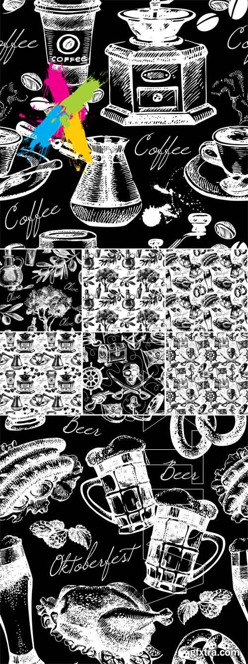 Vintage seamless pattern with beer, coffee, olives and pirate