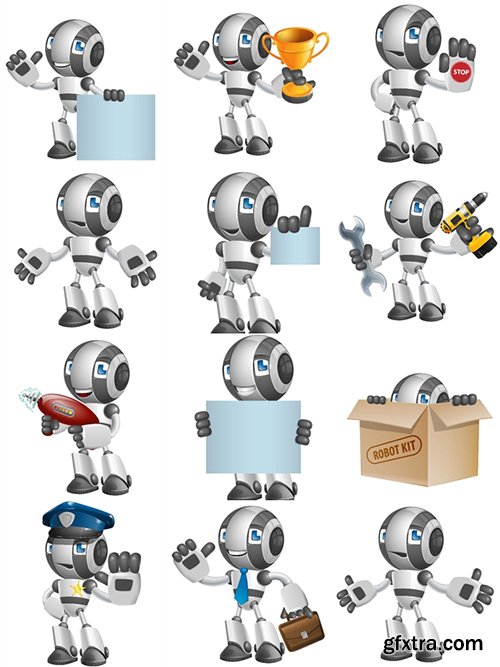 Glossy Robot Cartoon Character Set