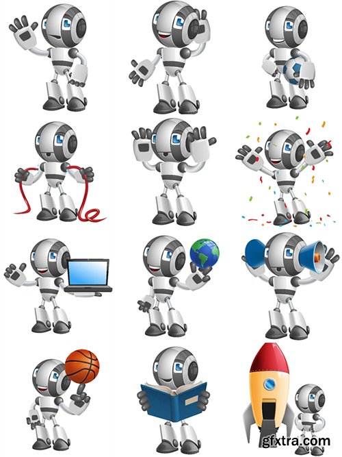 Glossy Robot Cartoon Character Set
