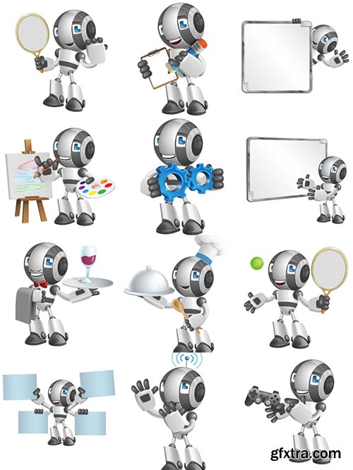 Glossy Robot Cartoon Character Set