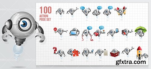 Flying Robot with Wrench Hands Cartoon Character Set