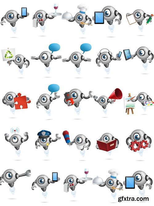 Flying Robot with Wrench Hands Cartoon Character Set