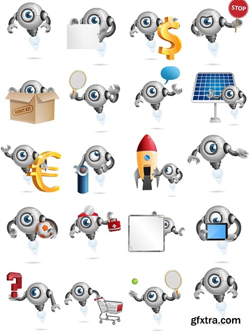 Flying Robot with Wrench Hands Cartoon Character Set