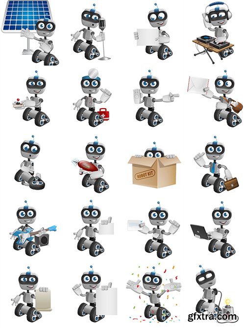 Robot on Wheels Cartoon Character Set[