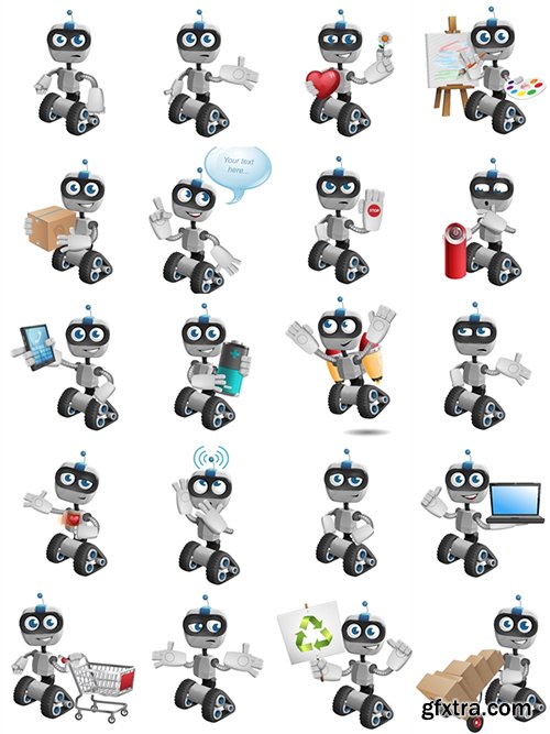 Robot on Wheels Cartoon Character Set[