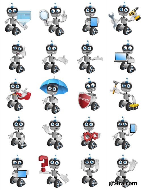 Robot on Wheels Cartoon Character Set[