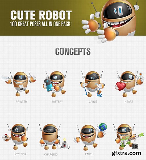 Cute Robot Cartoon Character Set