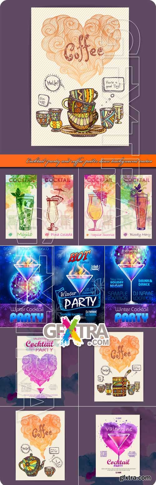 Cocktail party and coffee poster disco background vector