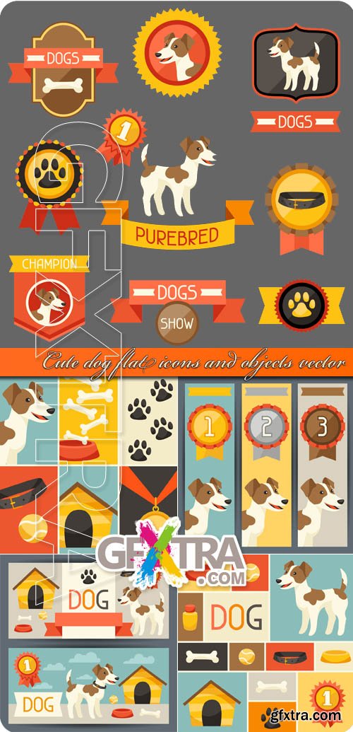 Cute dog flat icons and objects vector