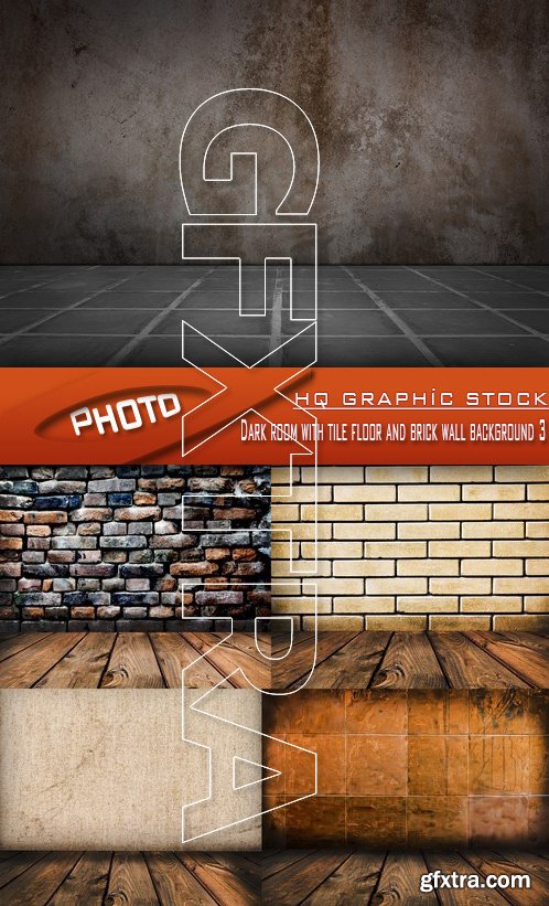 Stock Photo - Dark room with tile floor and brick wall background 3