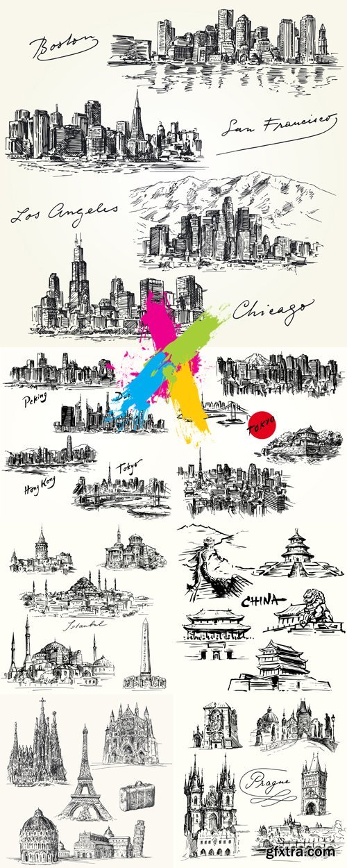 Hand Drawn Cities Icons Vector