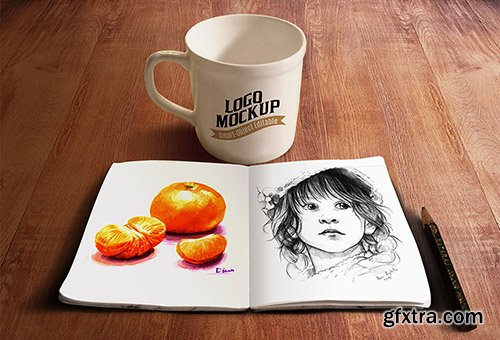 PSD Mock-Up - Sketchbook And Coffee Cup