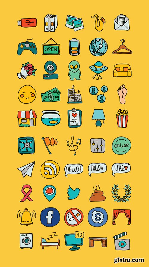 AI, PNG, SVG Icons - 50 Hand Doodle Icons