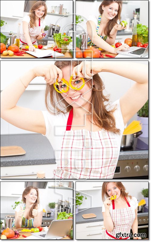 Beautiful young girl in the kitchen preparing using the cookbook and laptops - Stock photo
