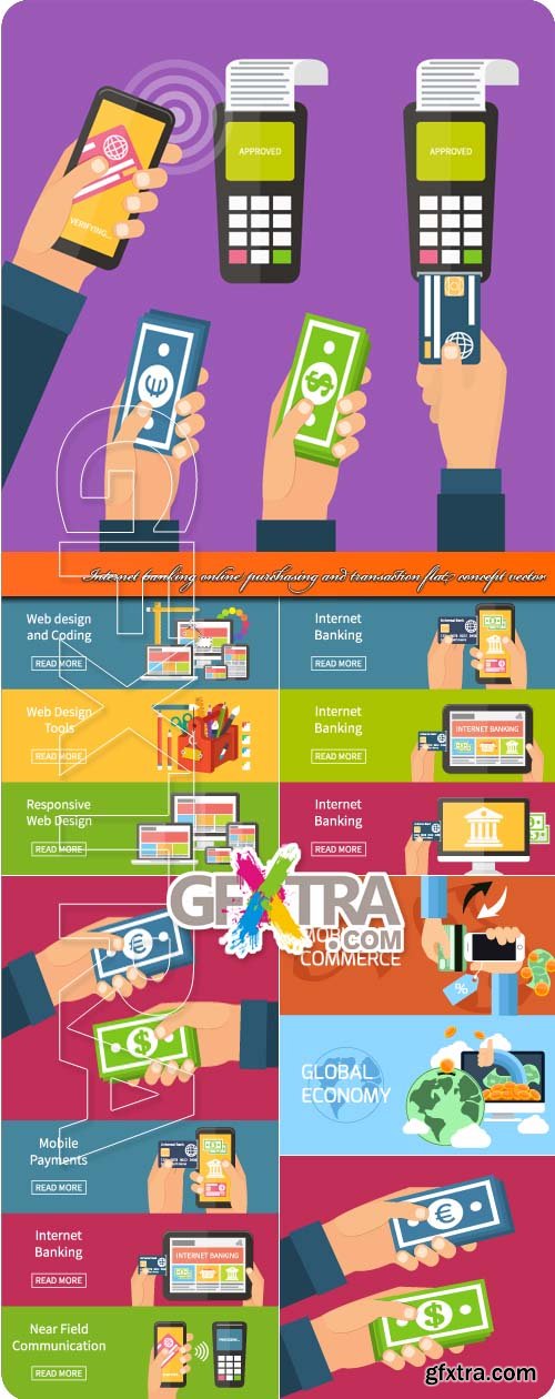 Internet banking online purchasing and transaction flat concept vector