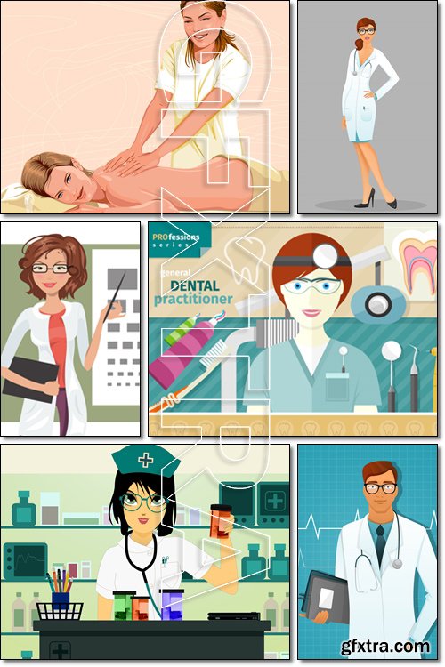 Doctor woman and man, illustration of cartoon girl ophthalmologist, Dentist in uniform with instrument on workplace - Vector