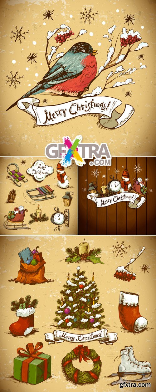 Vintage Grunge Christmas Design Elements Vector