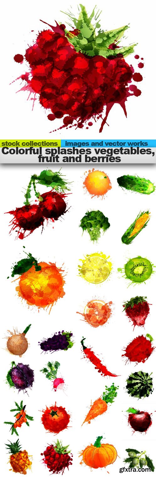 Colorful splashes vegetables, fruit and berries,&nbsp;25 x EPS