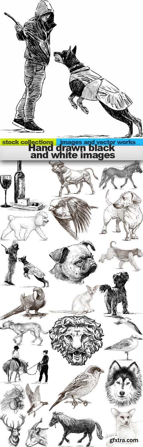 Hand drawn black and white images,25 x EPS