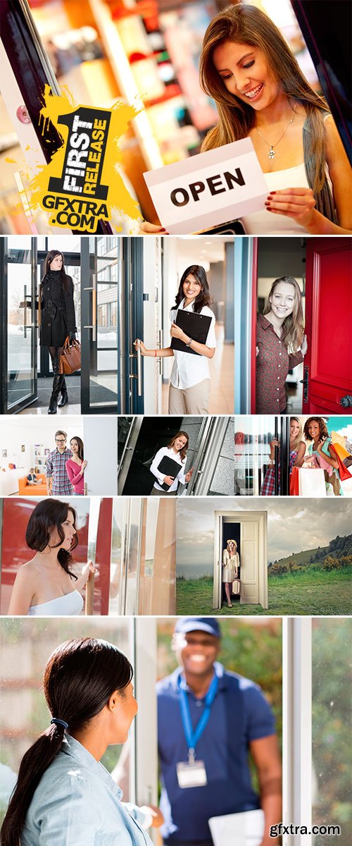 Stock Photo Girl opening door