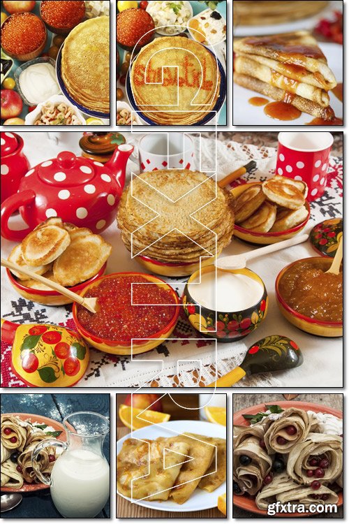 Traditional Russian pancakes with different fillings, red caviar - Stock photo