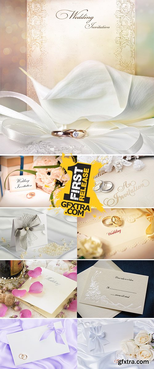 Stock Photo Wedding rings and wedding invitation with bow