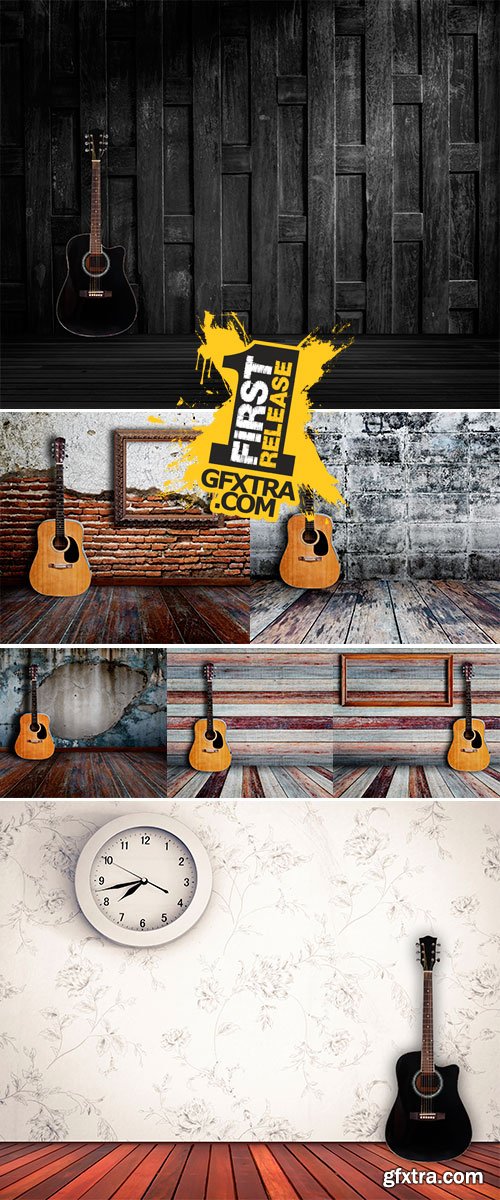 Stock Photo Guitar and picture frame in vintage wood room