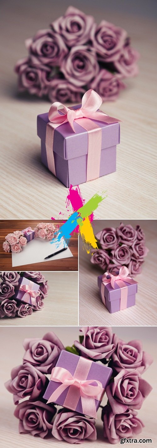 Stock Photo - Purple Flowers & Gift