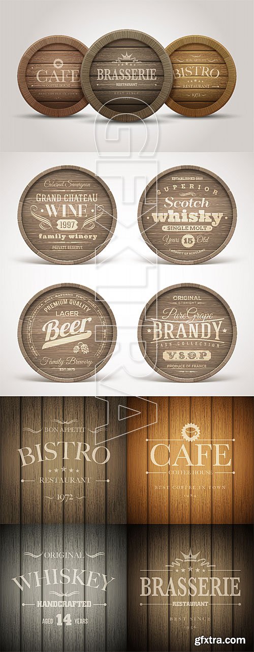 Wooden barrel with restaurant labels