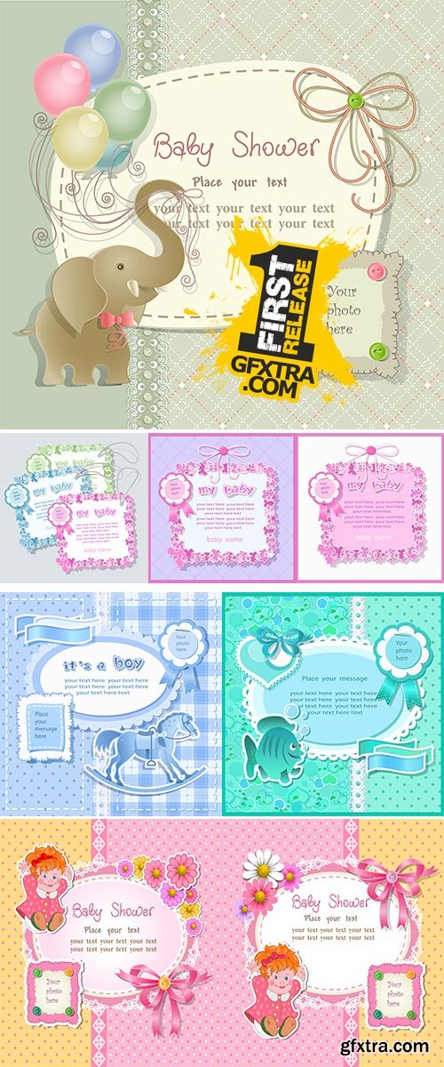 Stock Vector - Baby shower with scrapbook elements