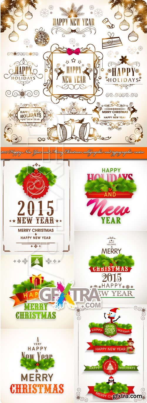 2015 Happy New Year and Merry Christmas calligraphic and typographic vector