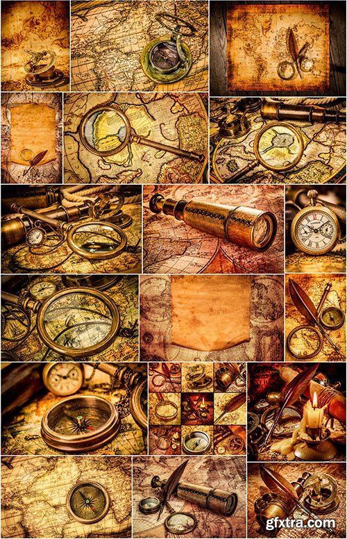 Old Navigation Objects, Maps, Compasses, Sextants, 25xUHQ JPEG