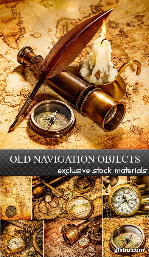 Old Navigation Objects, Maps, Compasses, Sextants, 25xUHQ JPEG