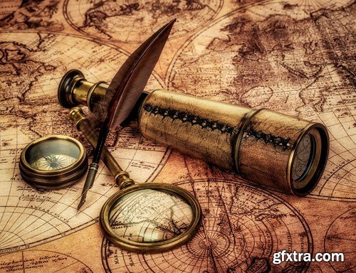 Old Navigation Objects, Maps, Compasses, Sextants, 25xUHQ JPEG