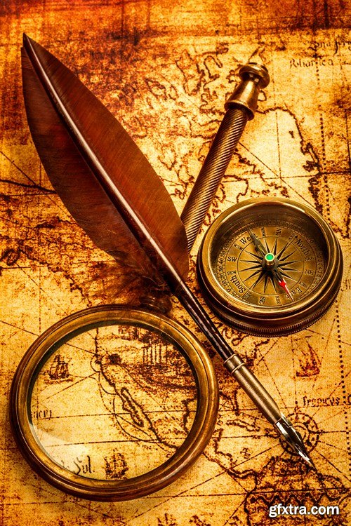 Old Navigation Objects, Maps, Compasses, Sextants, 25xUHQ JPEG