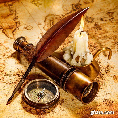 Old Navigation Objects, Maps, Compasses, Sextants, 25xUHQ JPEG