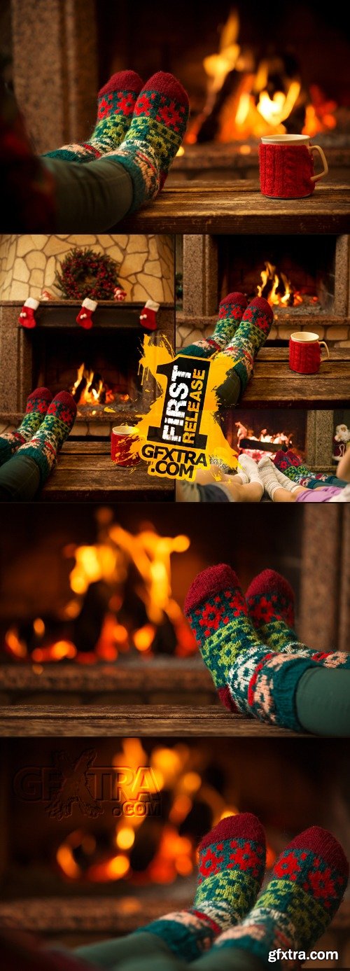 Stock Photo - Feet by Christmas Fireplace