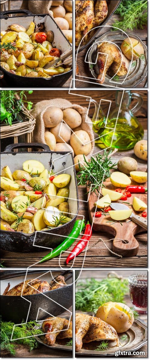 Rural meal with chicken and potato, Baked potatoes with rosemary and garlic - Stock photo