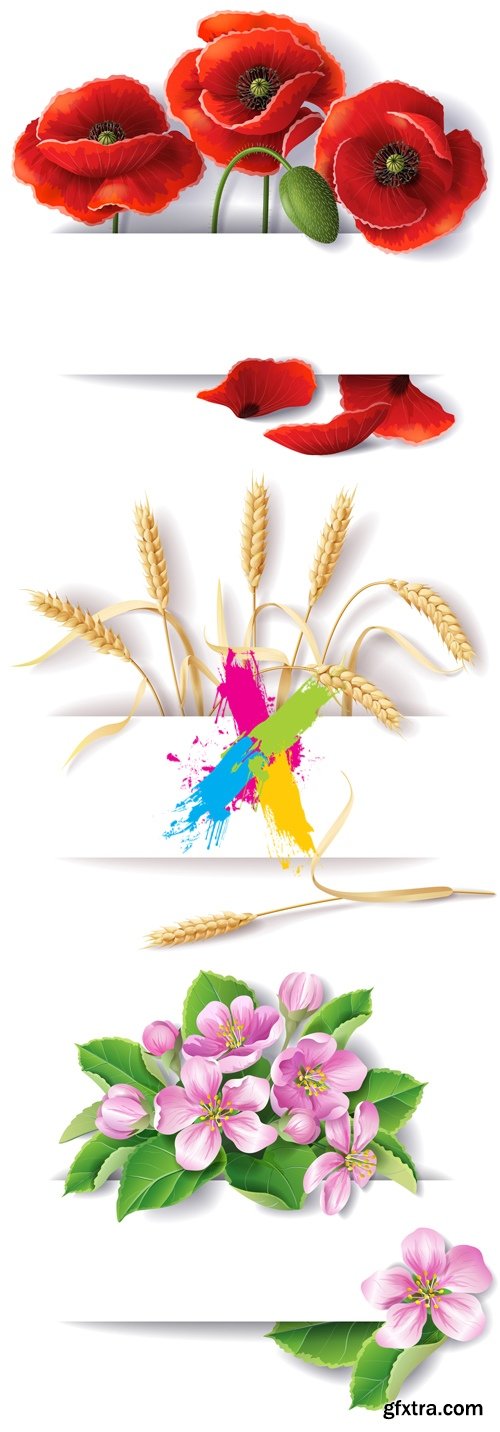 Banners with Flowers & Wheat Vector