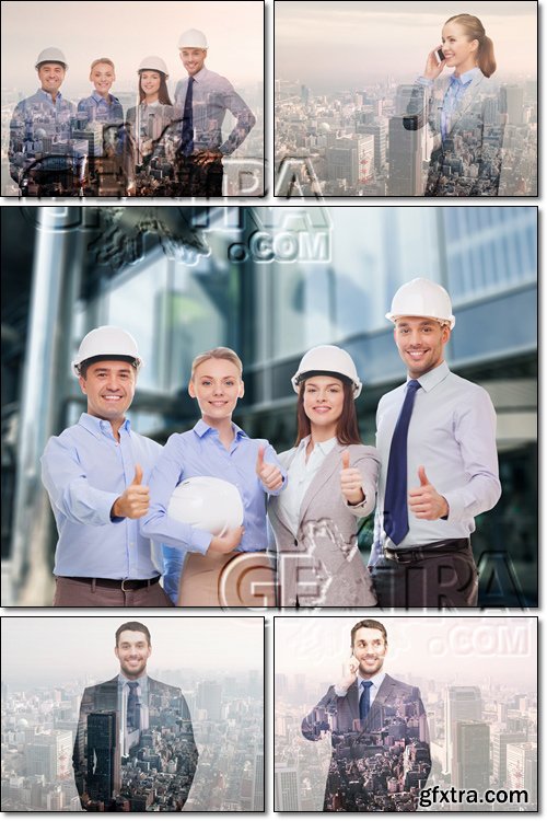 Happy businessmen in helmets over city background - Stock photo
