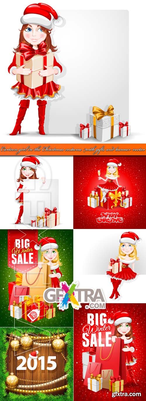 Cartoon girl in the Christmas costume with gifts and banner vector